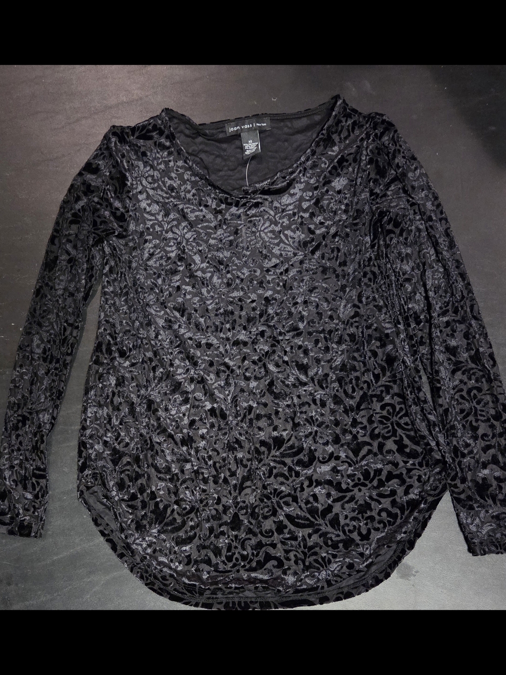 Joan Vass Black Velvet Burnout Long Sleeve Top - Floral Motif